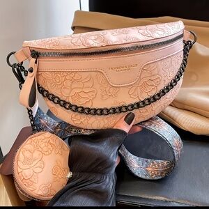 Pink Floral Embossed Women's Crossbody Bag with Chain and Coin Pouch NWT